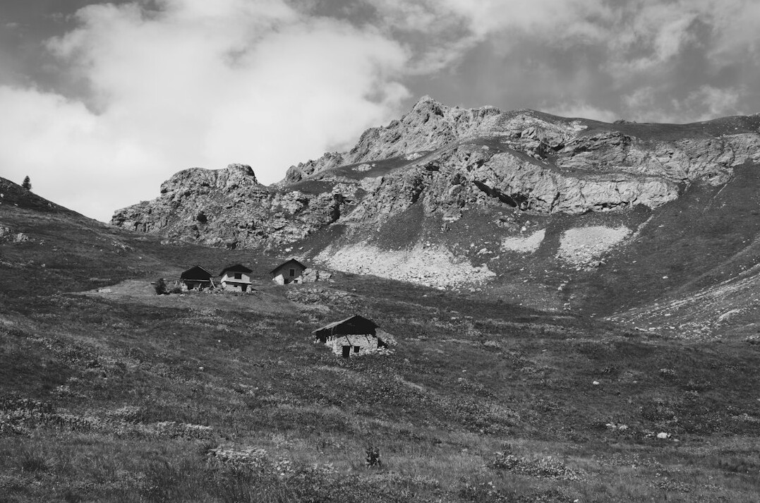black and white landscape village
